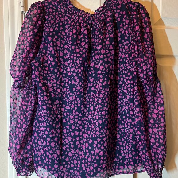 Women's Loft Navy & Pink Heart Print Sheer Long Sleeve Blouse Medium - Picture 3 of 3